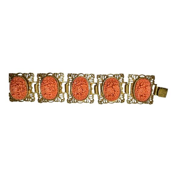 Vintage Rococo Gold-Tone Bracelet with Red Coral Accents - Ornate Design - Picture 10 of 12